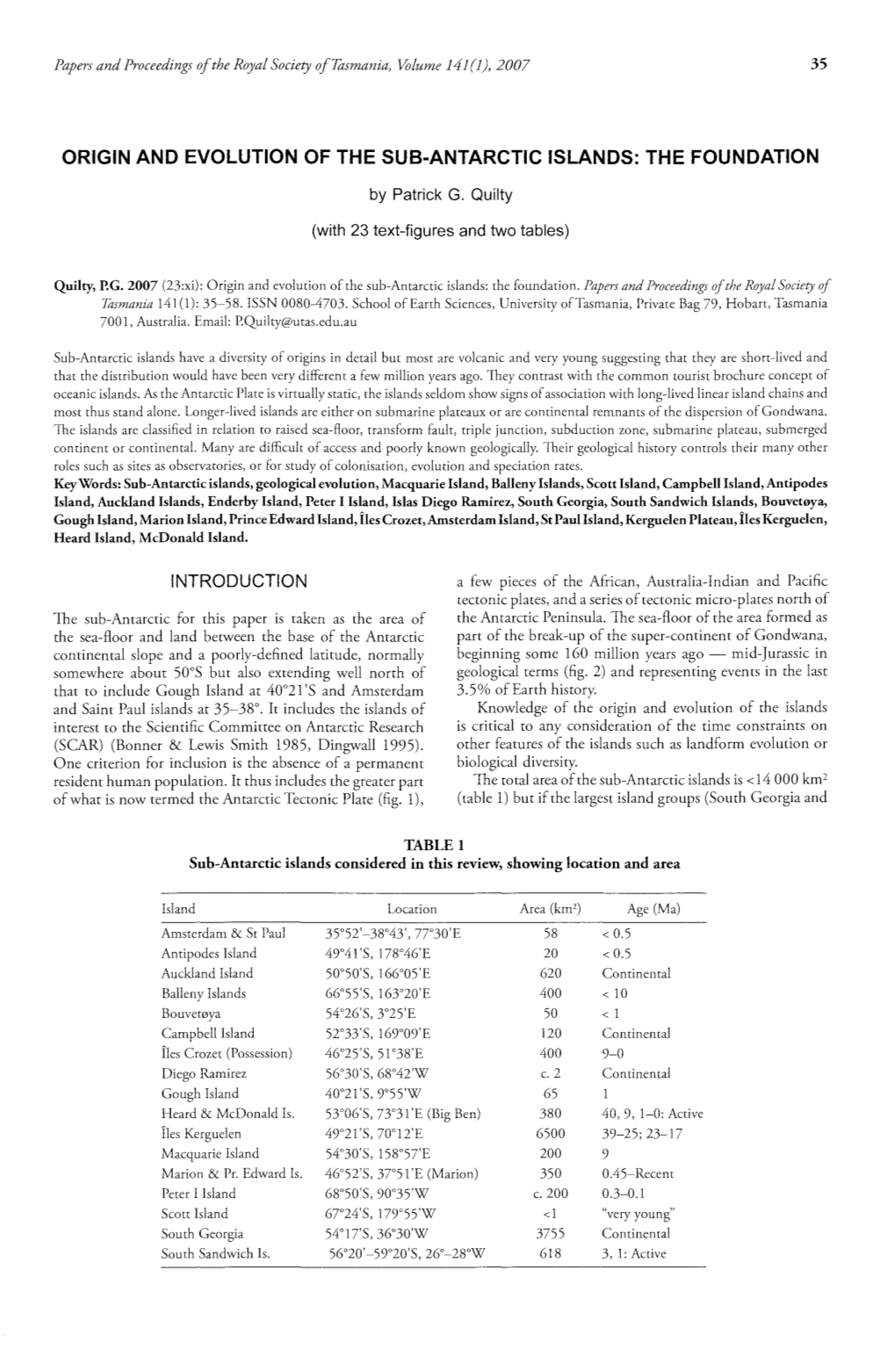 Origin and Evolution of the Sub-Antarctic Islands: the Foundation