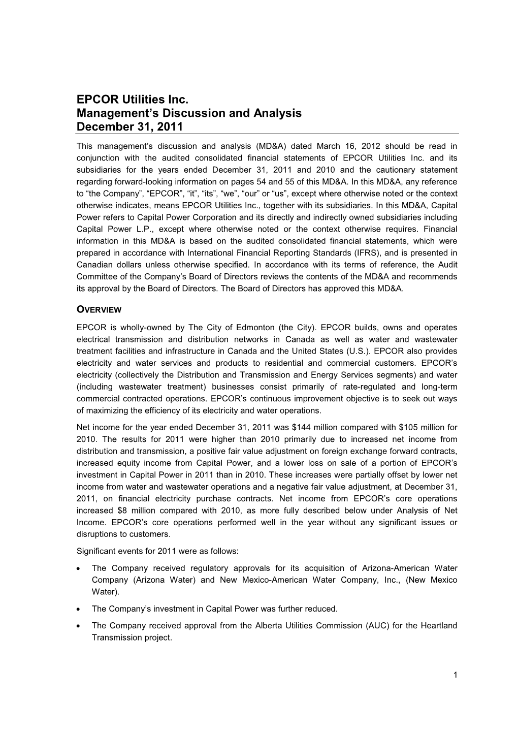 EPCOR Utilities Inc. Management's Discussion and Analysis December