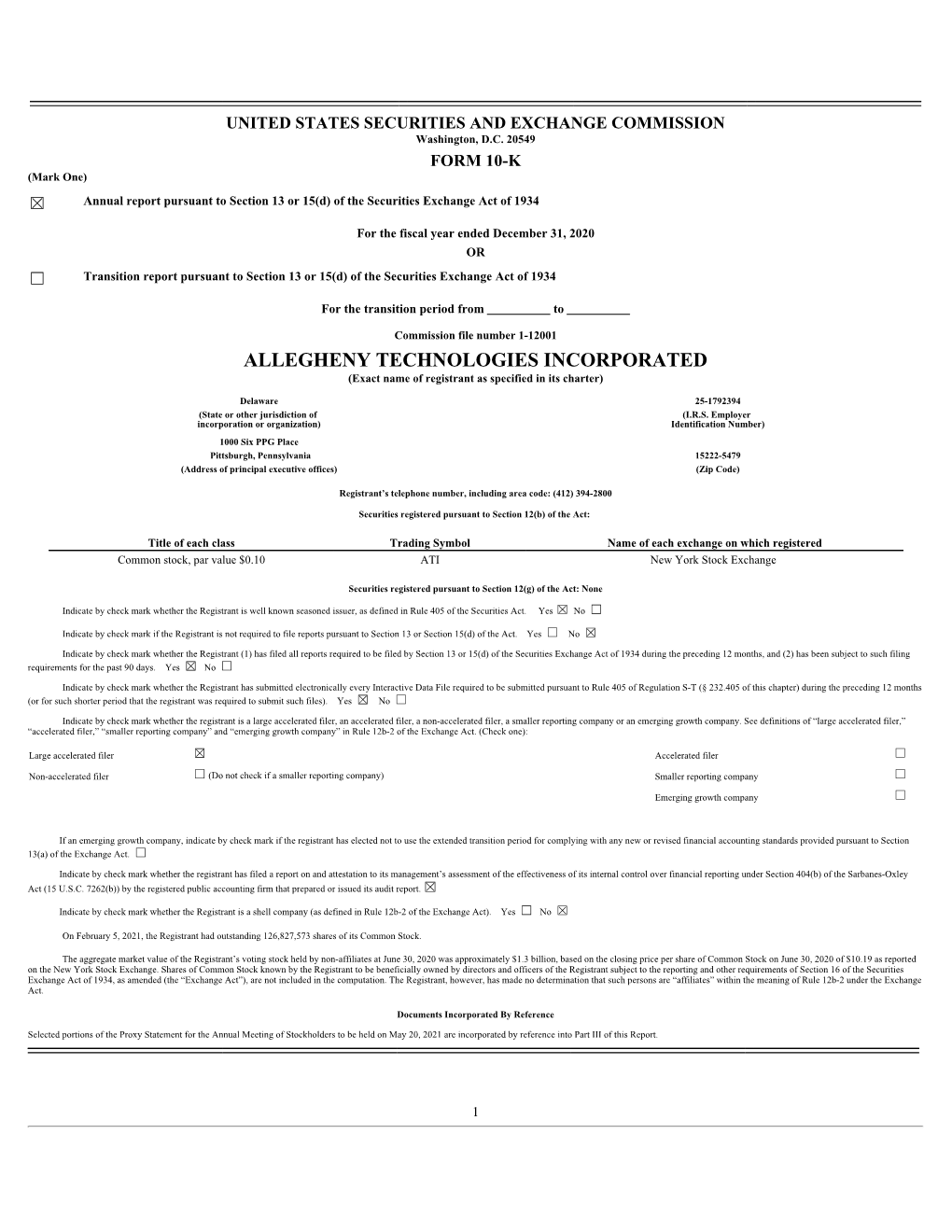 ALLEGHENY TECHNOLOGIES INCORPORATED (Exact Name of Registrant As Specified in Its Charter)