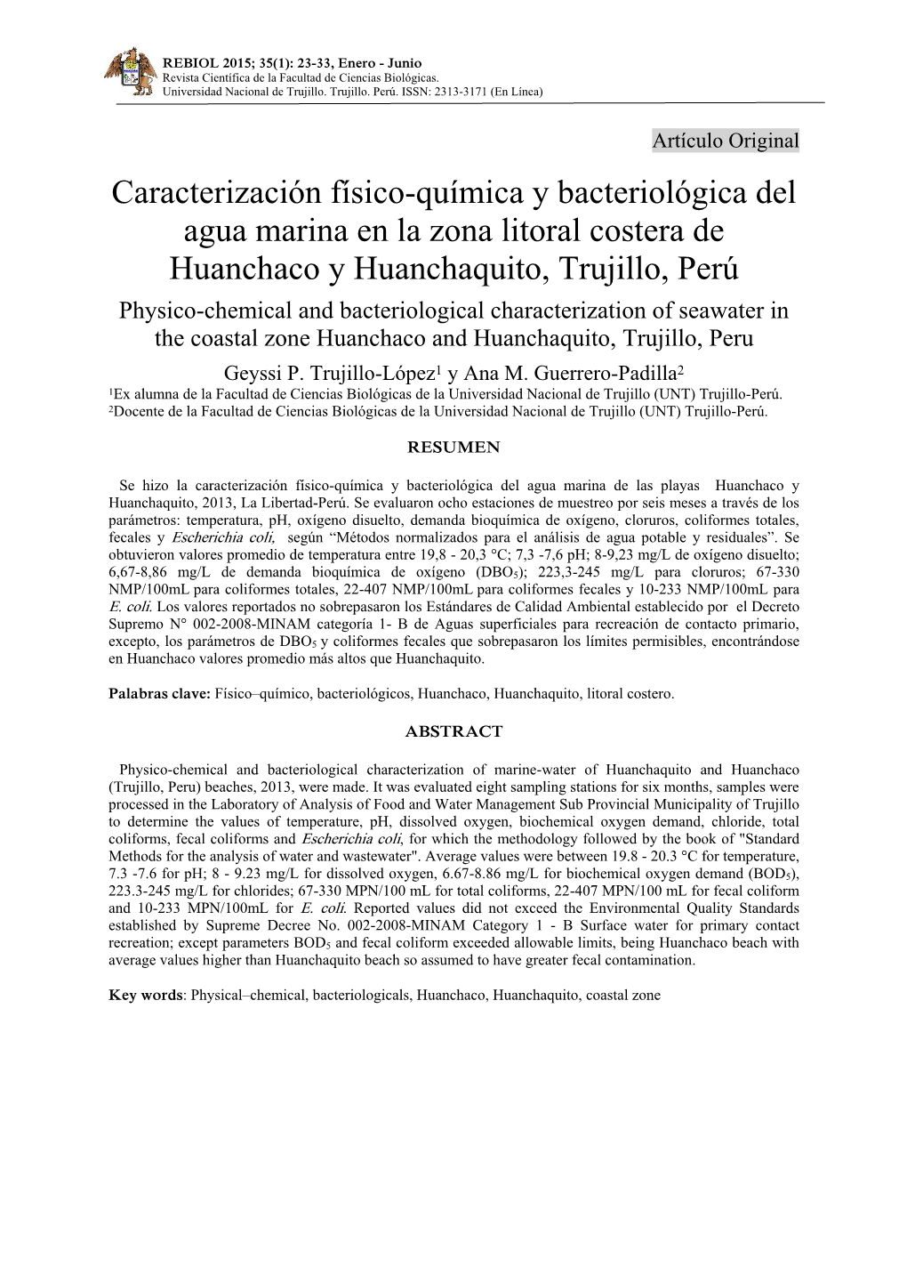 Caracterización Físico-Química Y Bacteriológica Del Agua Marina En