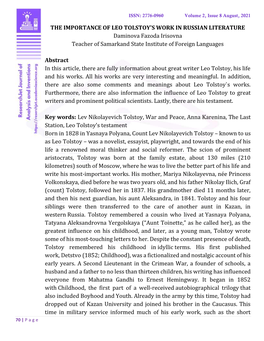 THE IMPORTANCE of LEO TOLSTOY's WORK in RUSSIAN LITERATURE Daminova Fazoda Irisovna Teacher of Samarkand State Institute of Foreign Languages