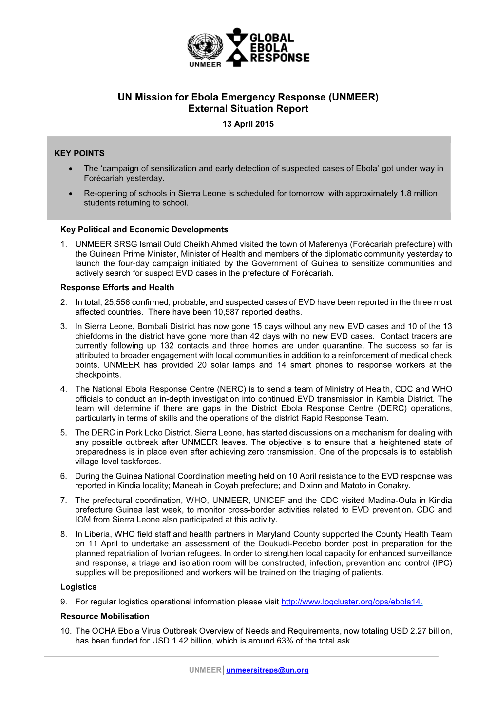 UNMEER) External Situation Report 13 April 2015