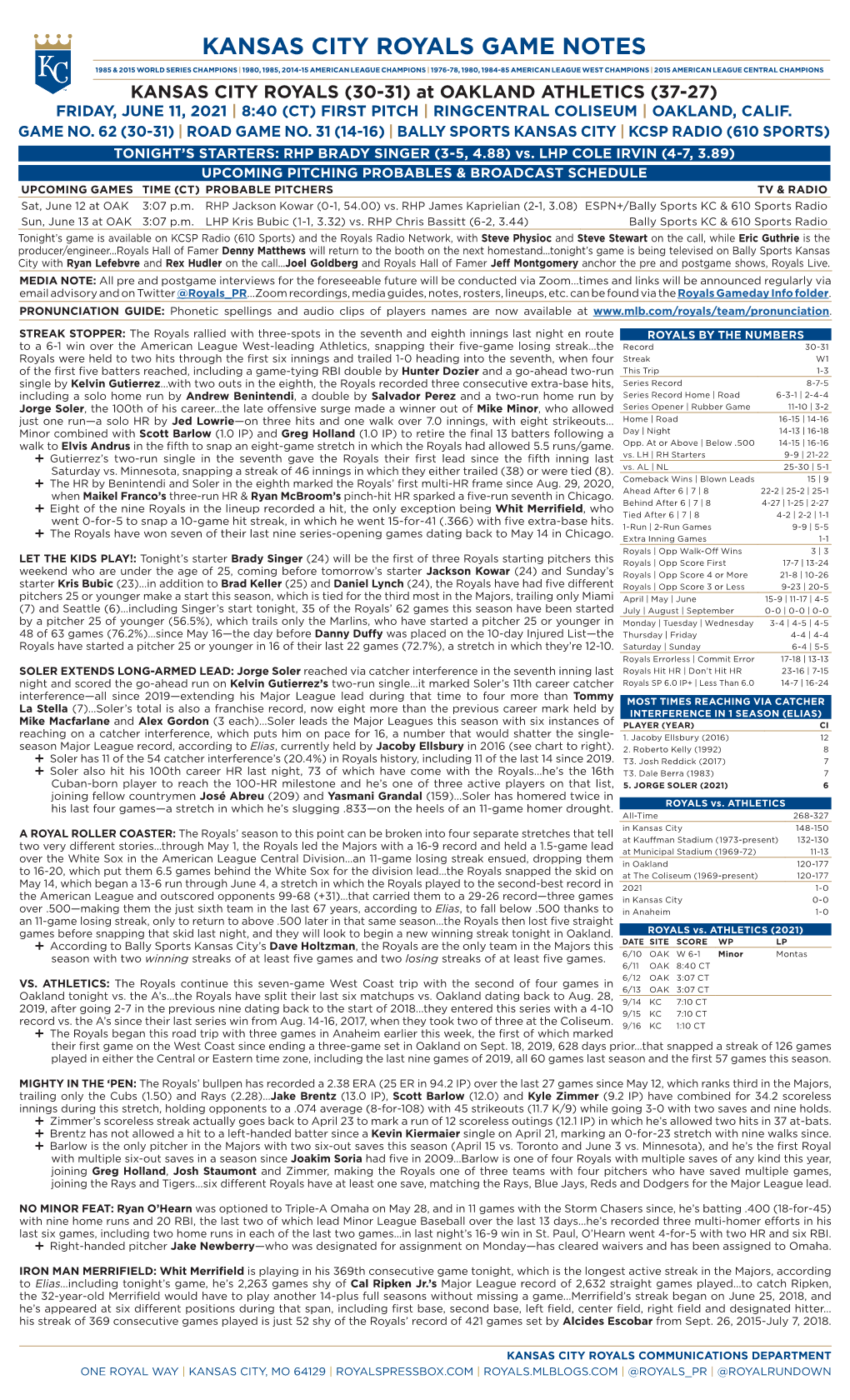 Kansas City Royals Game Notes