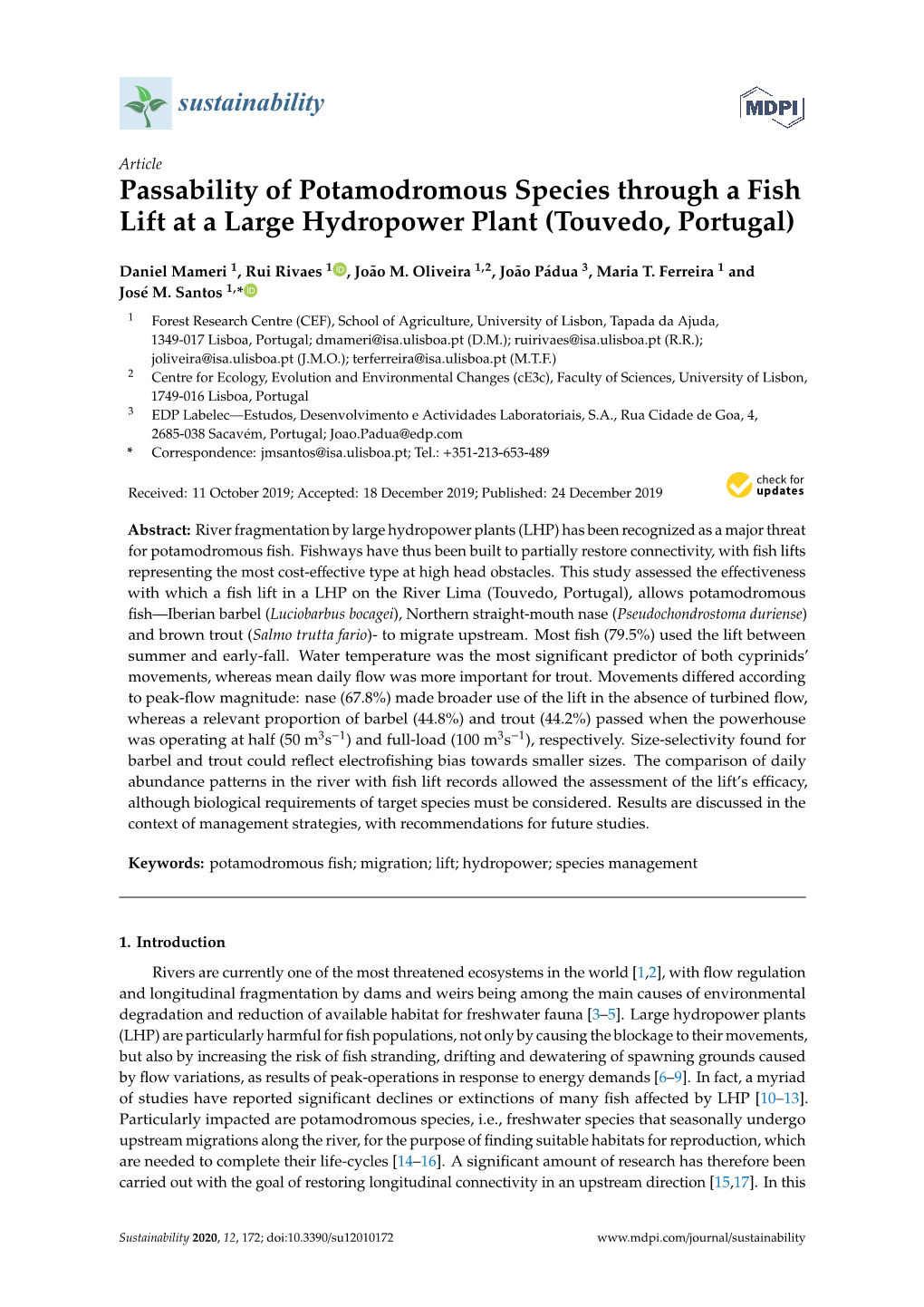 Passability of Potamodromous Species Through a Fish Lift at a Large Hydropower Plant (Touvedo, Portugal)