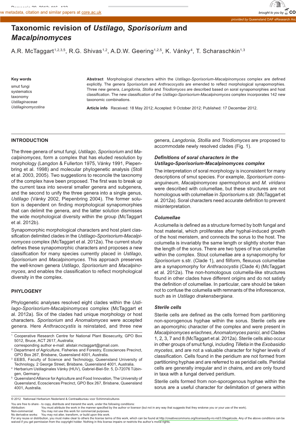 Taxonomic Revision of Ustilago, Sporisorium and Macalpinomyces