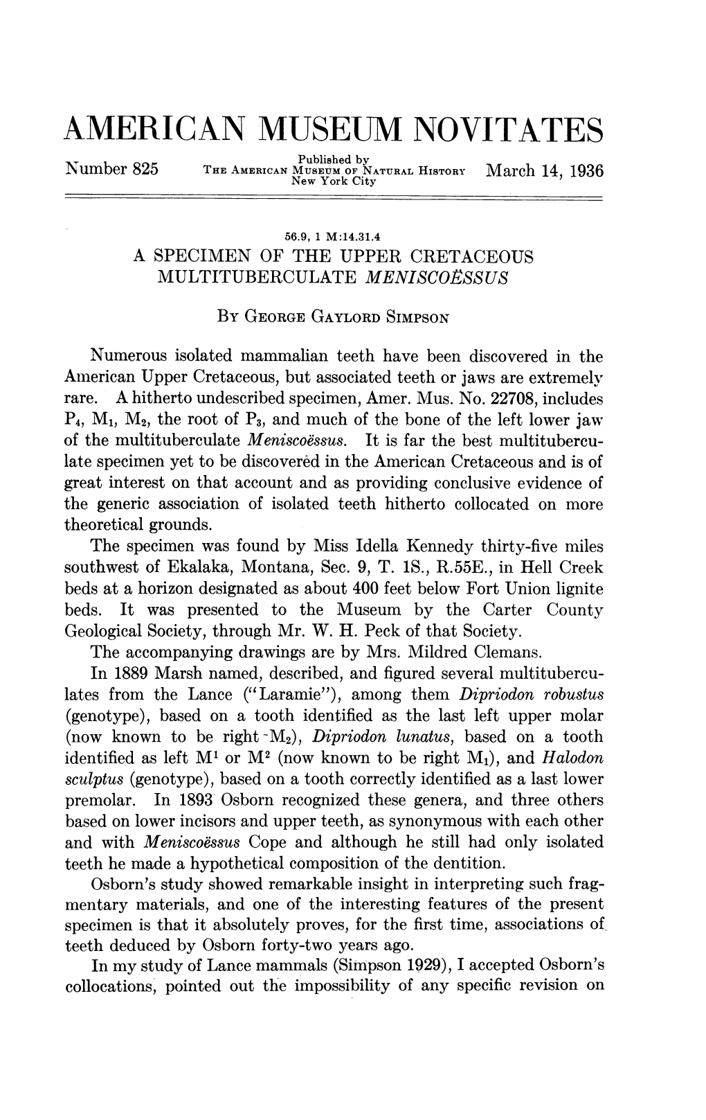 AMERICAN MUSEUM NOVITATES Published by N Umber 825 the AMERICAN MUSEUM of NATURAL HISTORY March 14, 1936 New York City