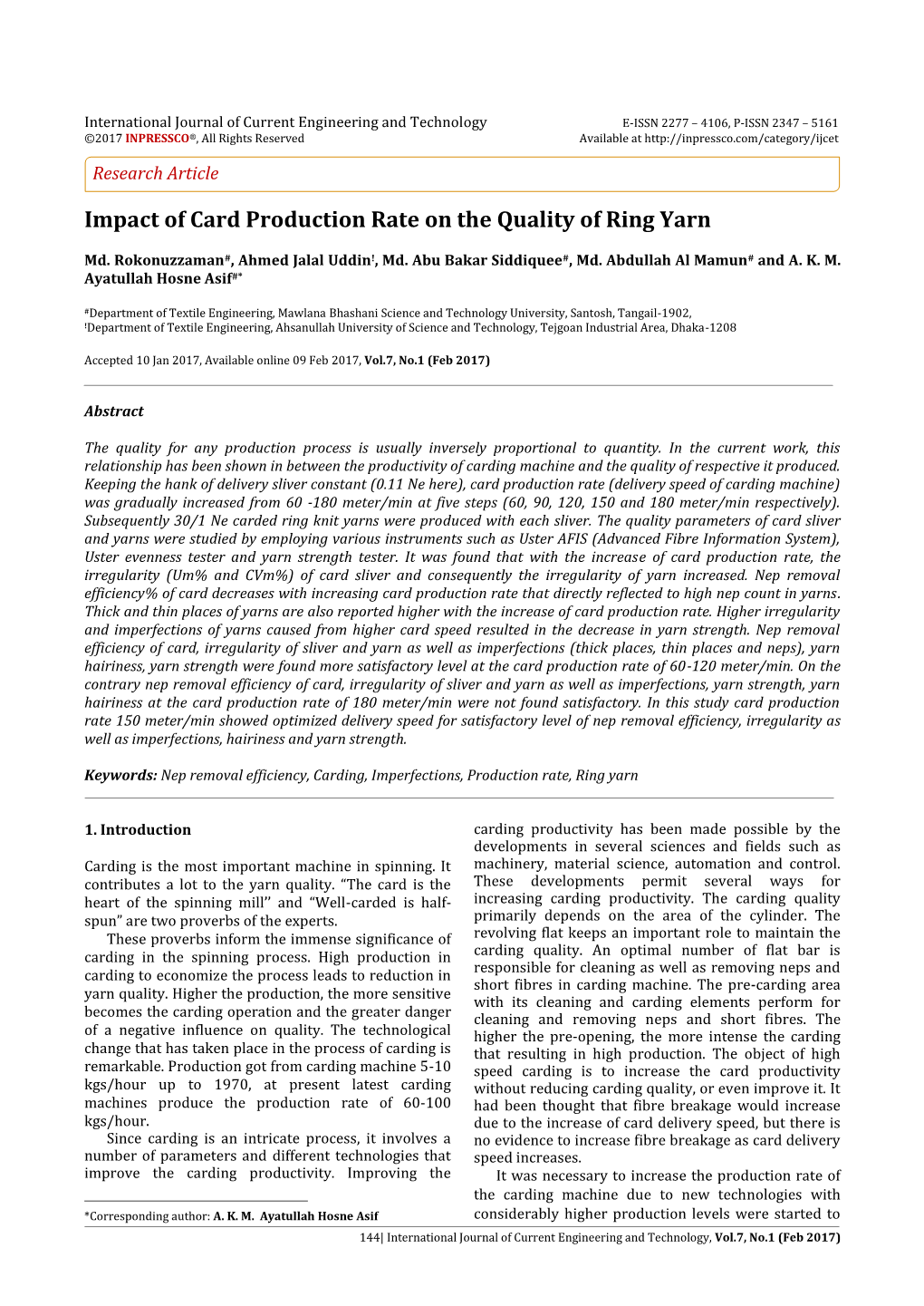 Impact of Card Production Rate on the Quality of Ring Yarn