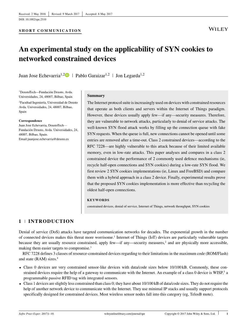 An Experimental Study on the Applicability of SYN Cookies to Networked Constrained Devices