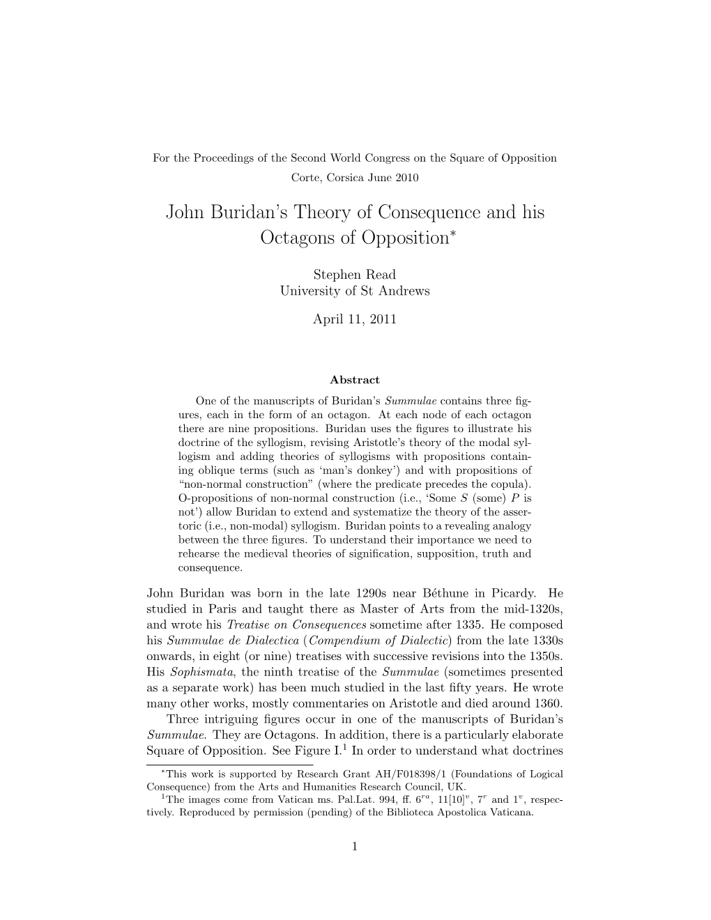 John Buridan's Theory of Consequence and His Octagons Of