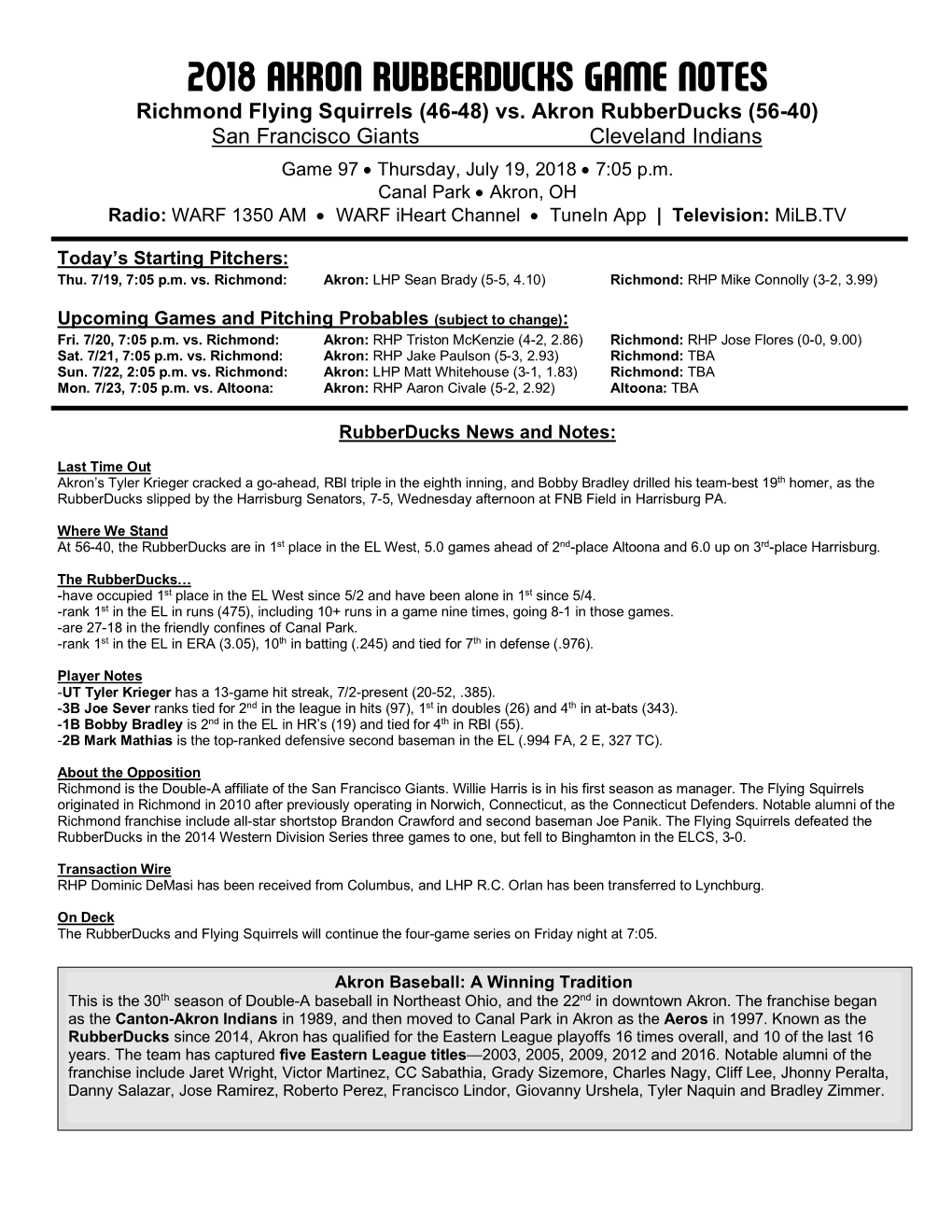 Rubberducks Game Notes 071918