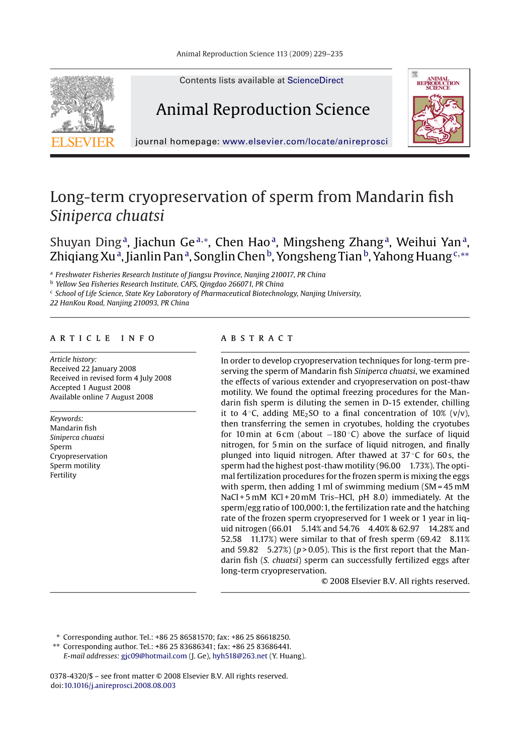 Animal Reproduction Science Long-Term Cryopreservation of Sperm from Mandarin Fish Siniperca Chuatsi