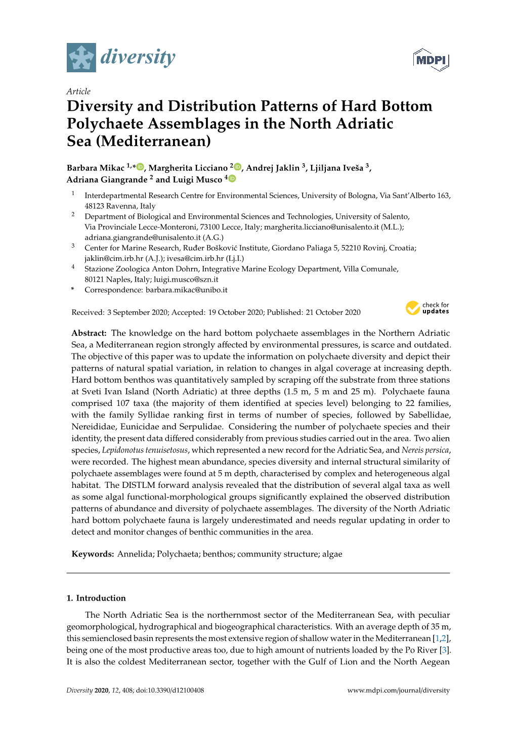 Diversity and Distribution Patterns of Hard Bottom Polychaete Assemblages in the North Adriatic Sea (Mediterranean)