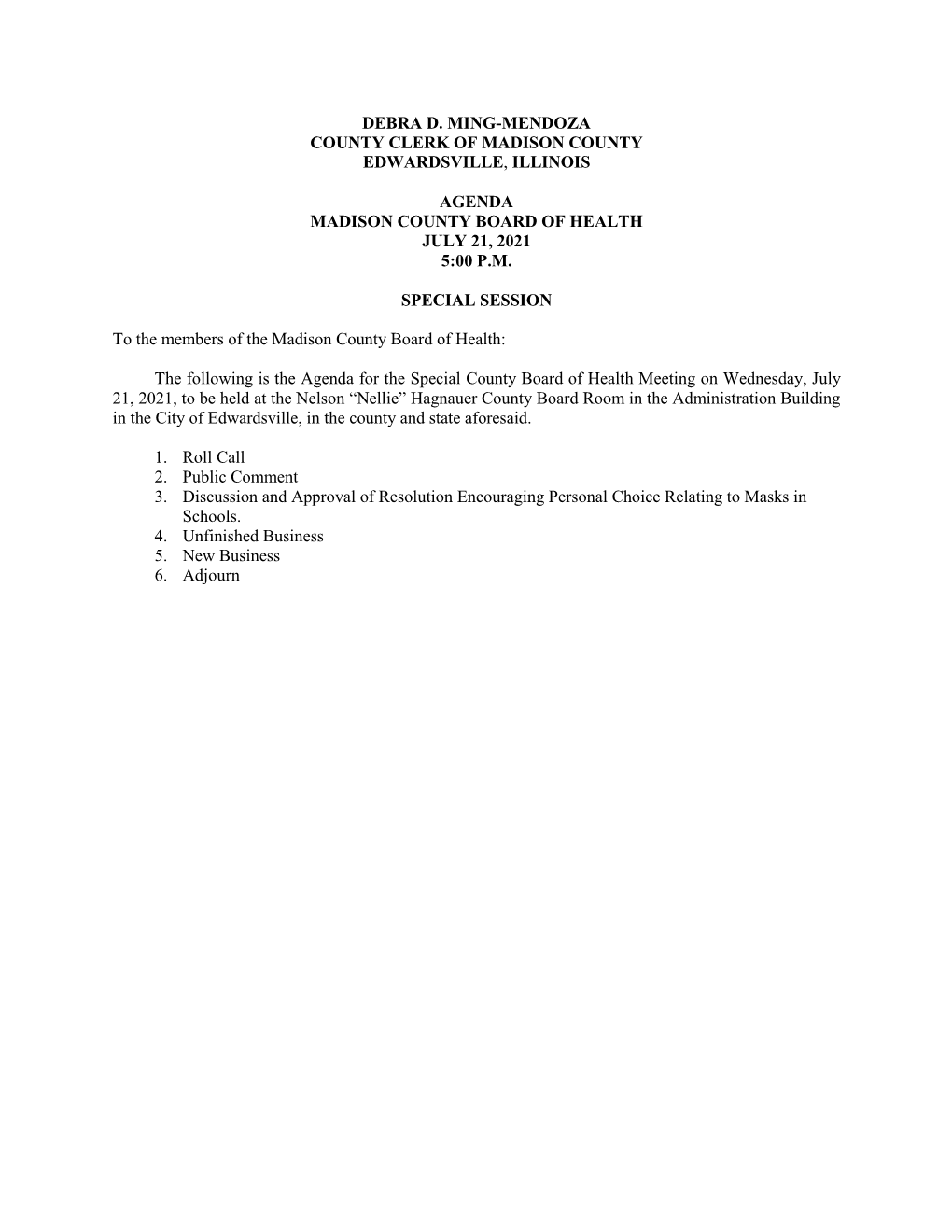 Madison County Board of Health July 21, 2021 5:00 P.M