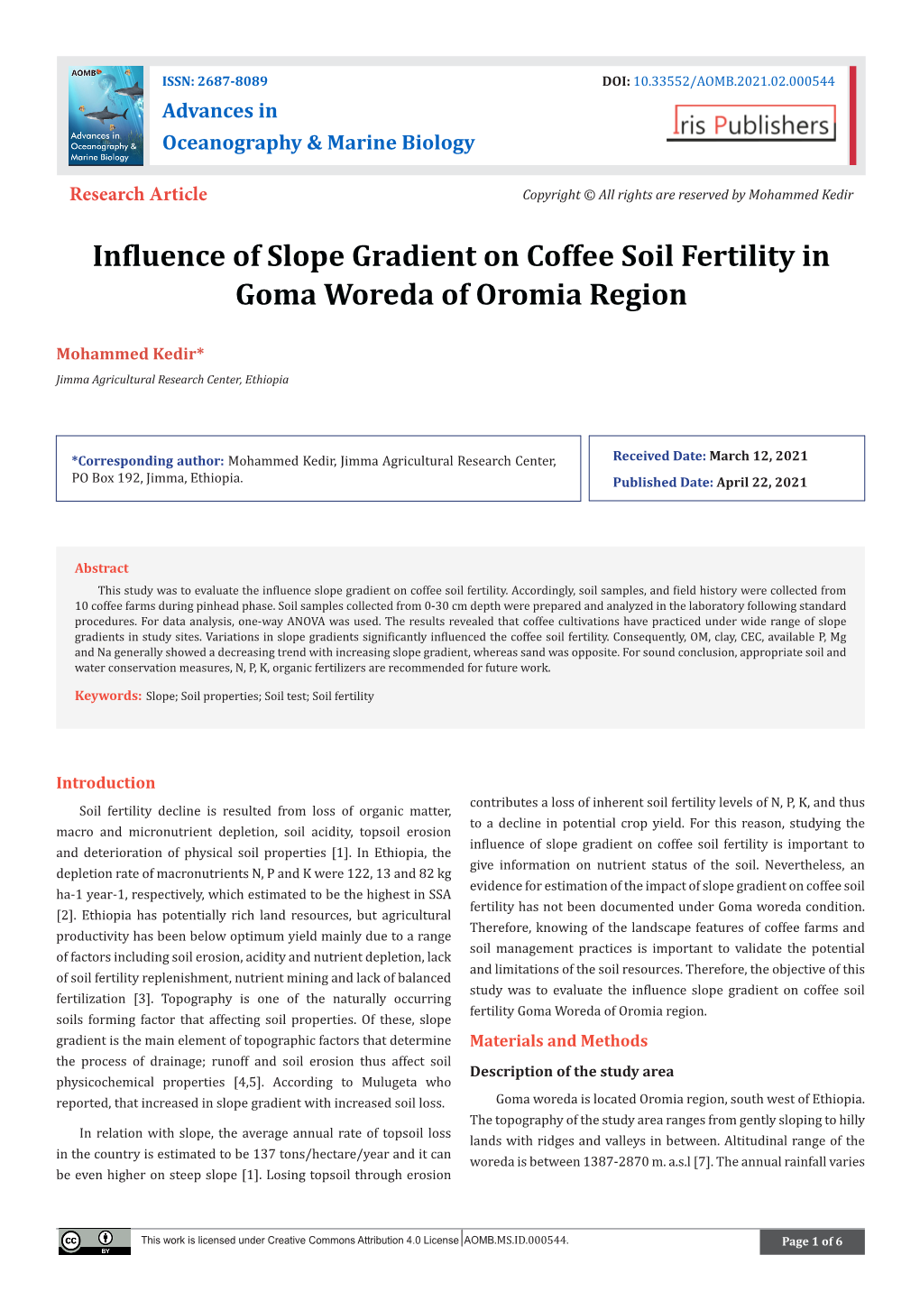 Influence of Slope Gradient on Coffee Soil Fertility in Goma Woreda of Oromia Region