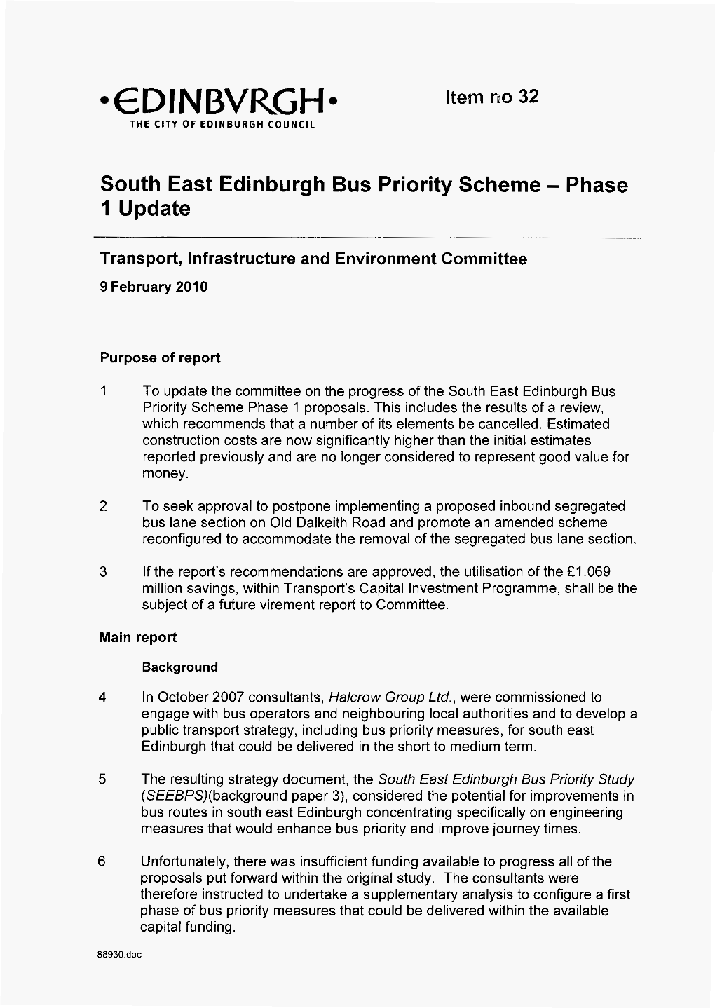 South East Edinburgh Bus Priority Scheme - Phase I Update