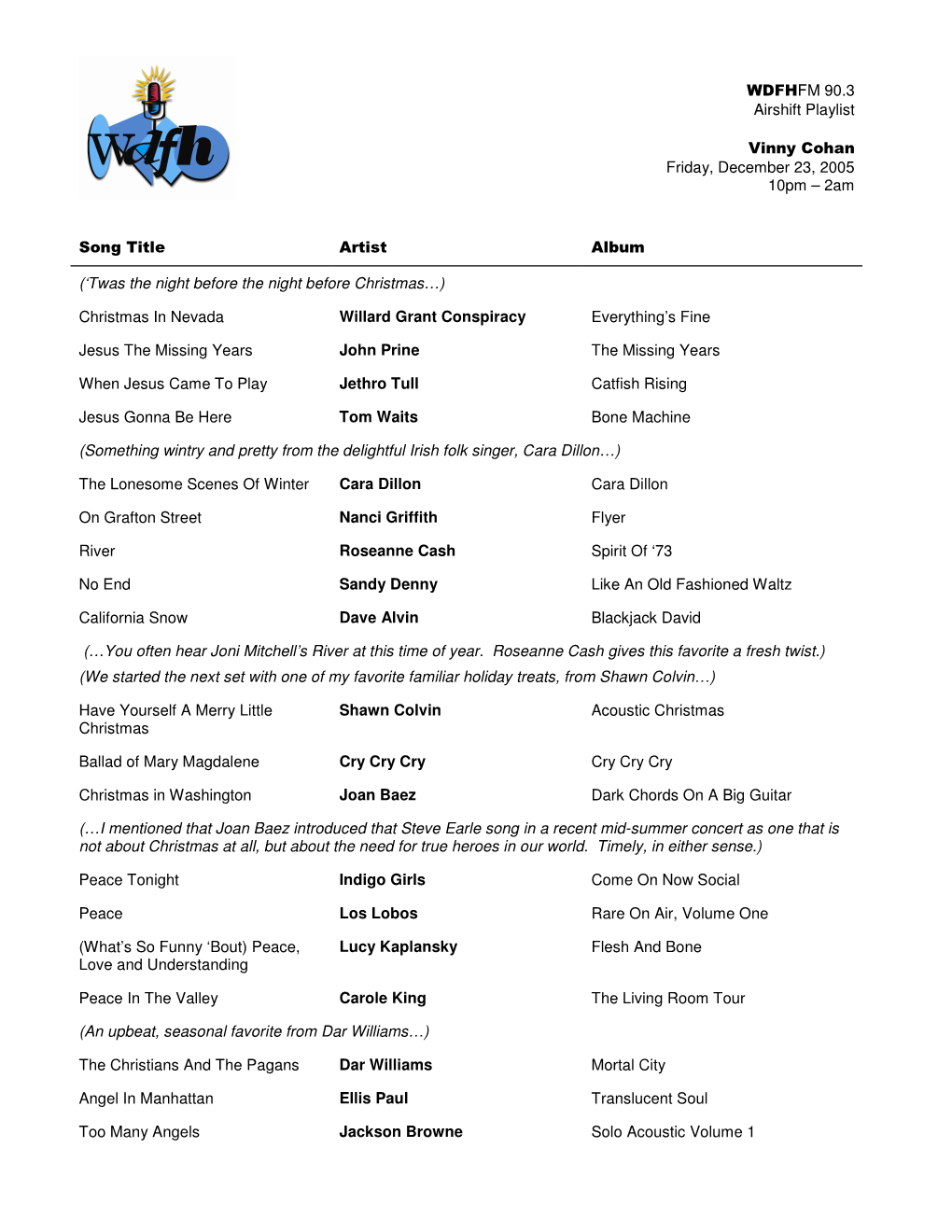 W DFHFM 90.3 Airshift Playlist Vinny Cohan Friday, December 23, 2005 10Pm – 2Am Song Title Artist Album ('Twas the Night