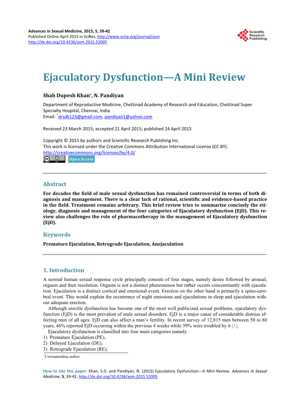 Ejaculatory Dysfunction—A Mini Review