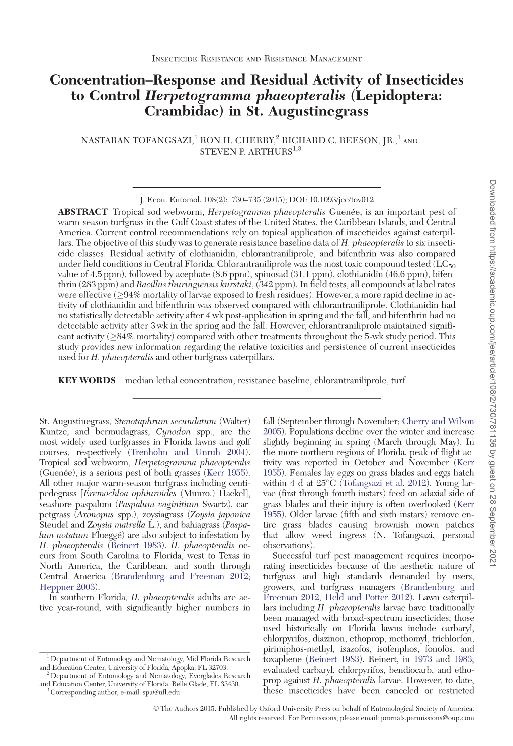 Concentration–Response and Residual Activity of Insecticides to Control Herpetogramma Phaeopteralis (Lepidoptera: Crambidae) in St