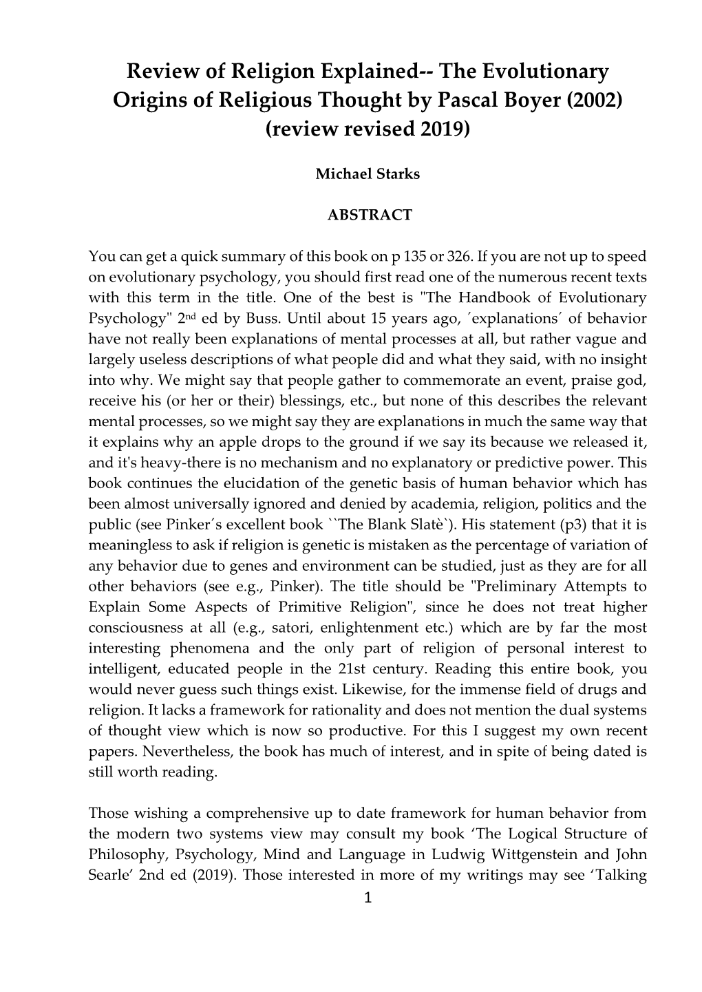 Review of Religion Explained-- the Evolutionary Origins of Religious Thought by Pascal Boyer (2002) (Review Revised 2019)