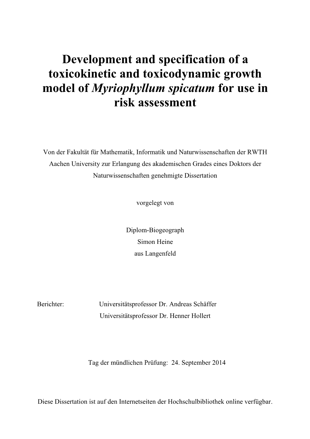 Development and Specification of a Toxicokinetic and Toxicodynamic Growth Model of Myriophyllum Spicatum for Use in Risk Assessment
