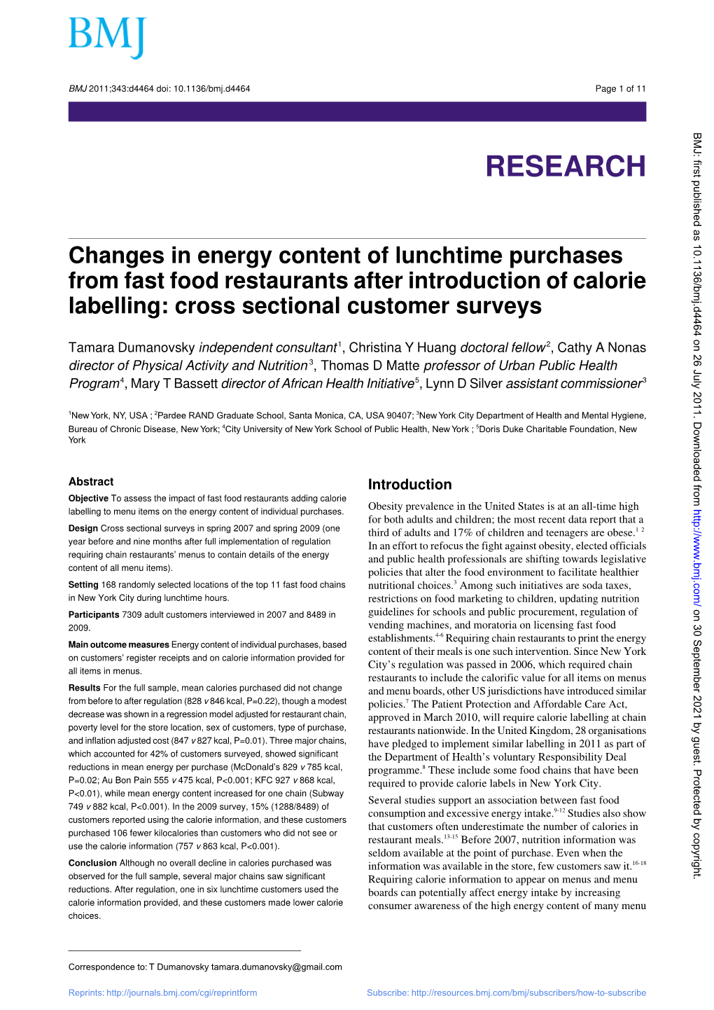 Changes in Energy Content of Lunchtime Purchases from Fast Food Restaurants After Introduction of Calorie Labelling: Cross Sectional Customer Surveys