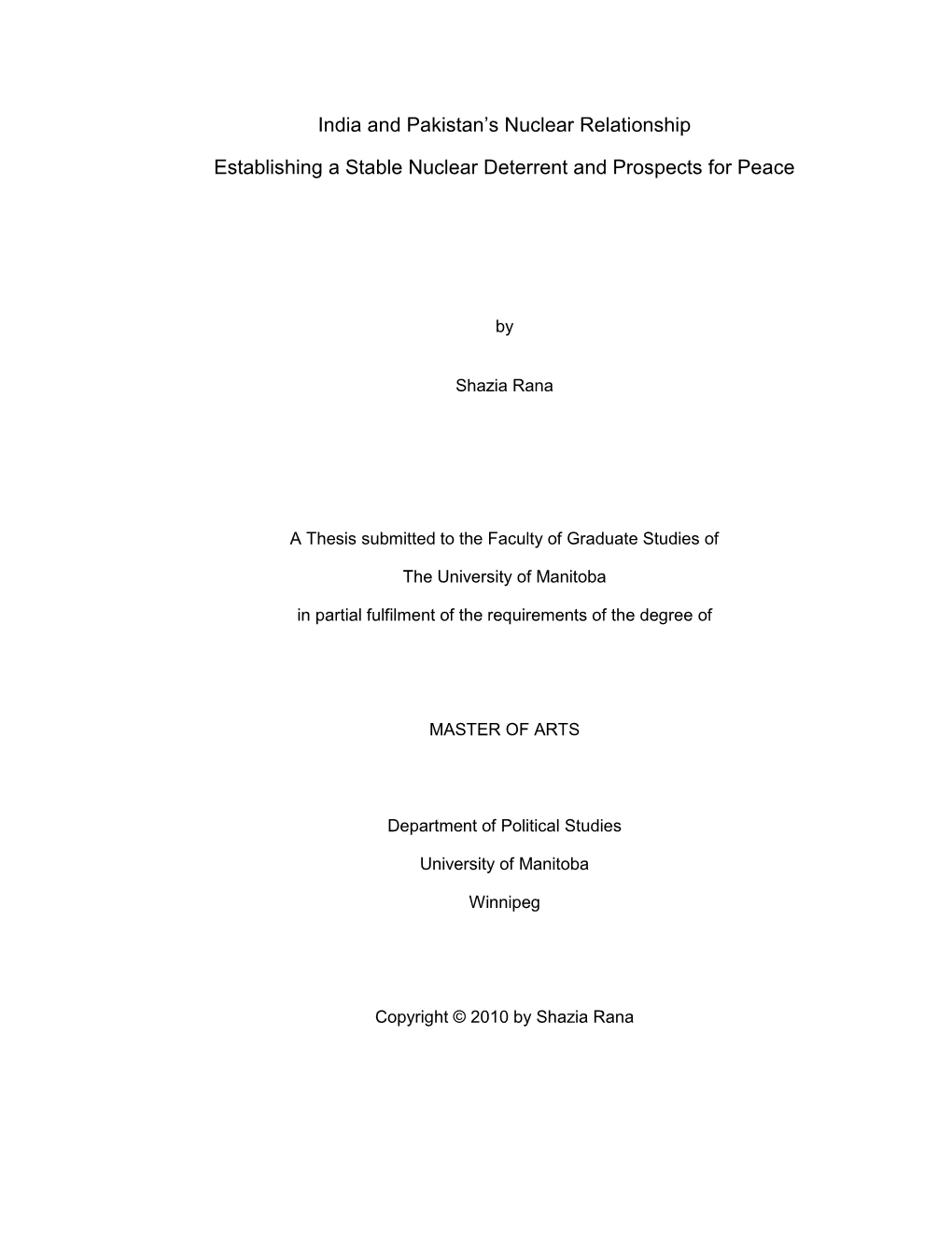 India and Pakistan's Nuclear Relationship Establishing a Stable Nuclear Deterrent and Prospects for Peace