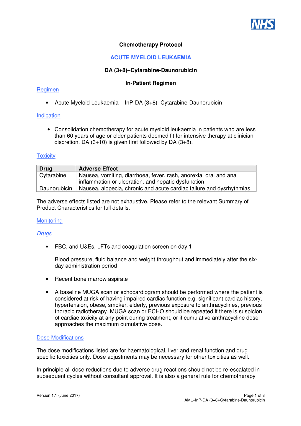 DA (3+8)–Cytarabine-Daunorubicin In-Patient Regimen