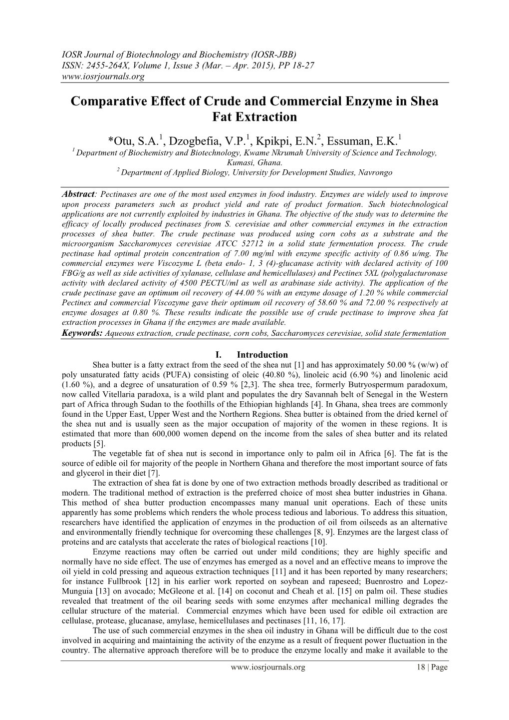 Comparative Effect of Crude and Commercial Enzyme in Shea Fat Extraction