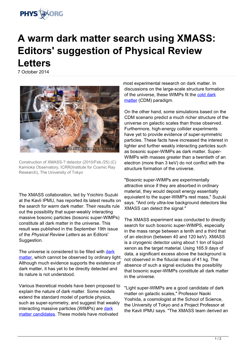 A Warm Dark Matter Search Using XMASS: Editors' Suggestion of Physical Review Letters 7 October 2014