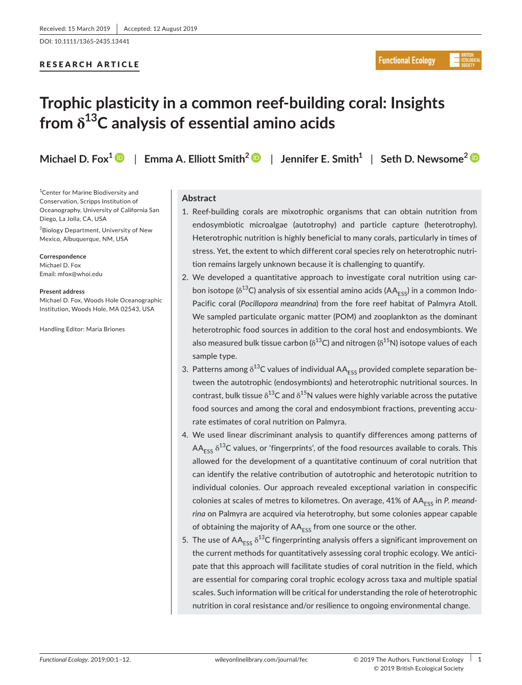 Trophic Plasticity in a Common Reef‐Building Coral: Insights from Δ13c