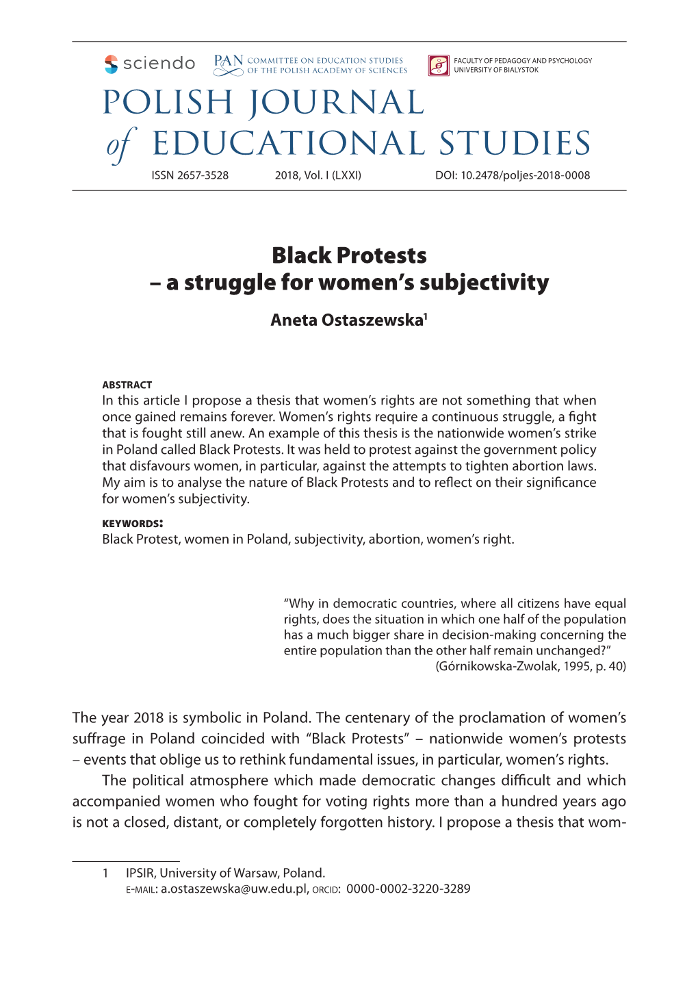 Black Protests – a Struggle for Women’S Subjectivity Aneta Ostaszewska