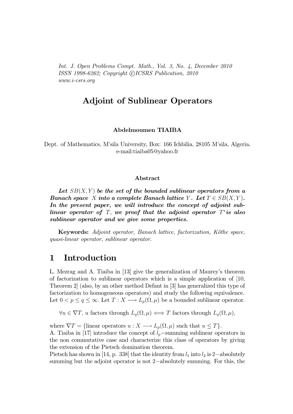Adjoint of Sublinear Operators 1 Introduction