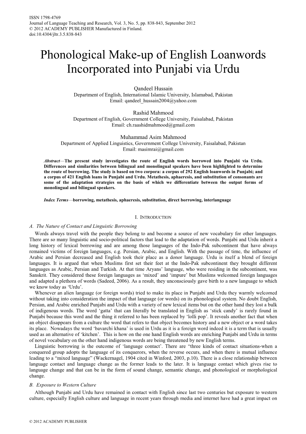 Phonological Make-Up of English Loanwords Incorporated Into Punjabi Via Urdu