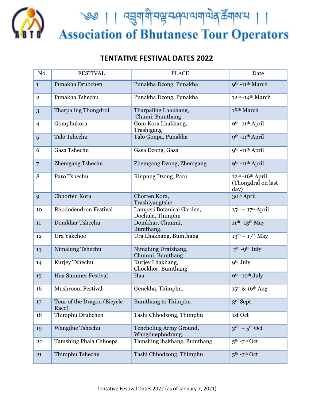 Tentative Festival Dates 2022