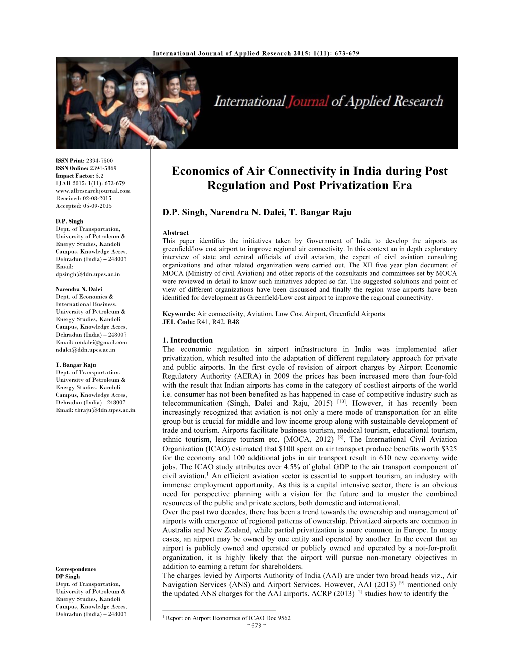 Economics of Air Connectivity in India During Post Regulation and Post