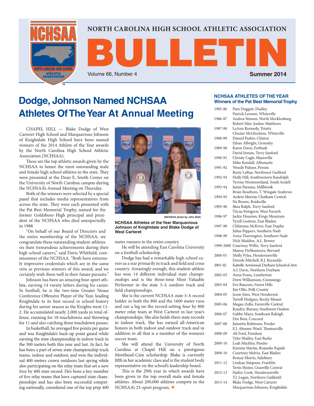 Dodge, Johnson Named NCHSAA Athletes of the Year at Annual