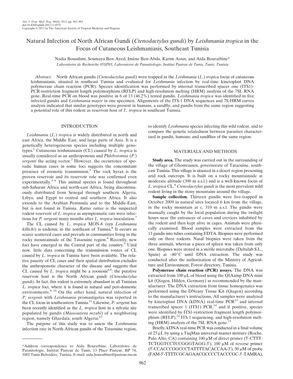 (Ctenodactylus Gundi) by Leishmania Tropica in the Focus of Cutaneous