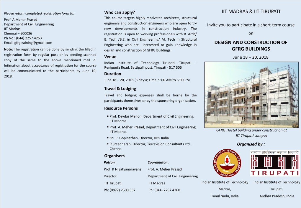 Iit Madras & Iit Tirupati Design and Construction of Gfrg