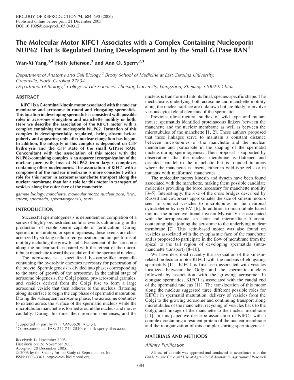 The Molecular Motor KIFC1 Associates with a Complex Containing Nucleoporin NUP62 That Is Regulated During Development and by the Small Gtpase RAN1