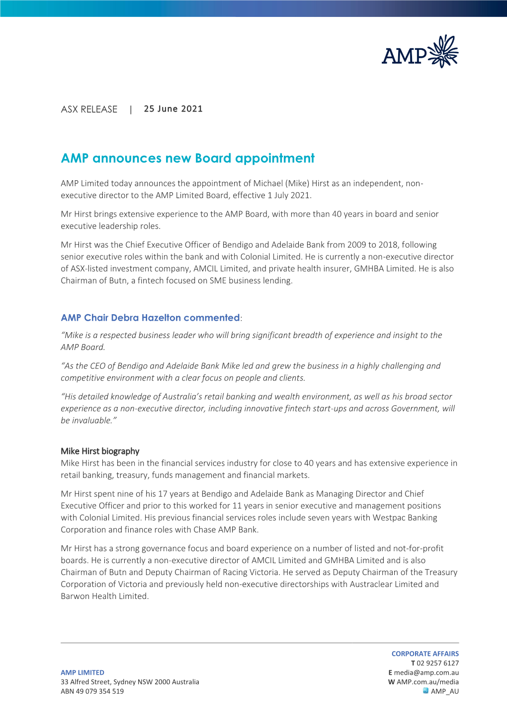 AMP Announces New Board Appointment