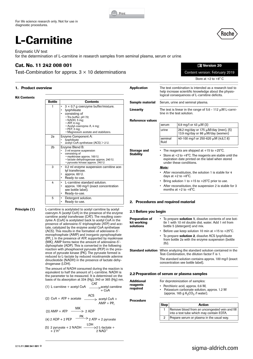 L-Carnitine Enzymatic UV Test for the Determination of L-Carnitine in Research Samples from Seminal Plasma, Serum Or Urine