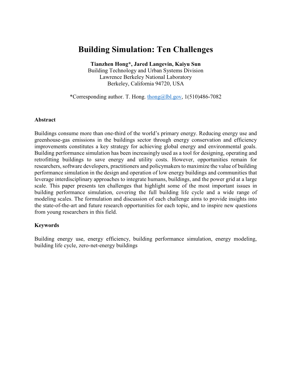 Building Simulation: Ten Challenges