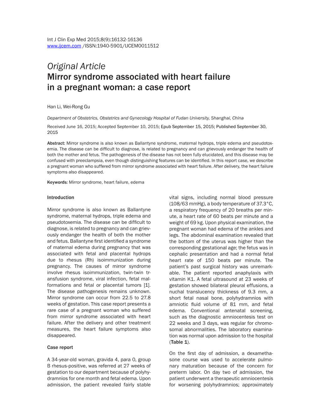 Original Article Mirror Syndrome Associated with Heart Failure in a Pregnant Woman: a Case Report