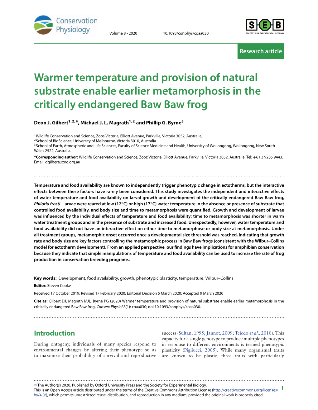 Warmer Temperature and Provision of Natural Substrate Enable Earlier Metamorphosis in the Critically Endangered Baw Baw Frog