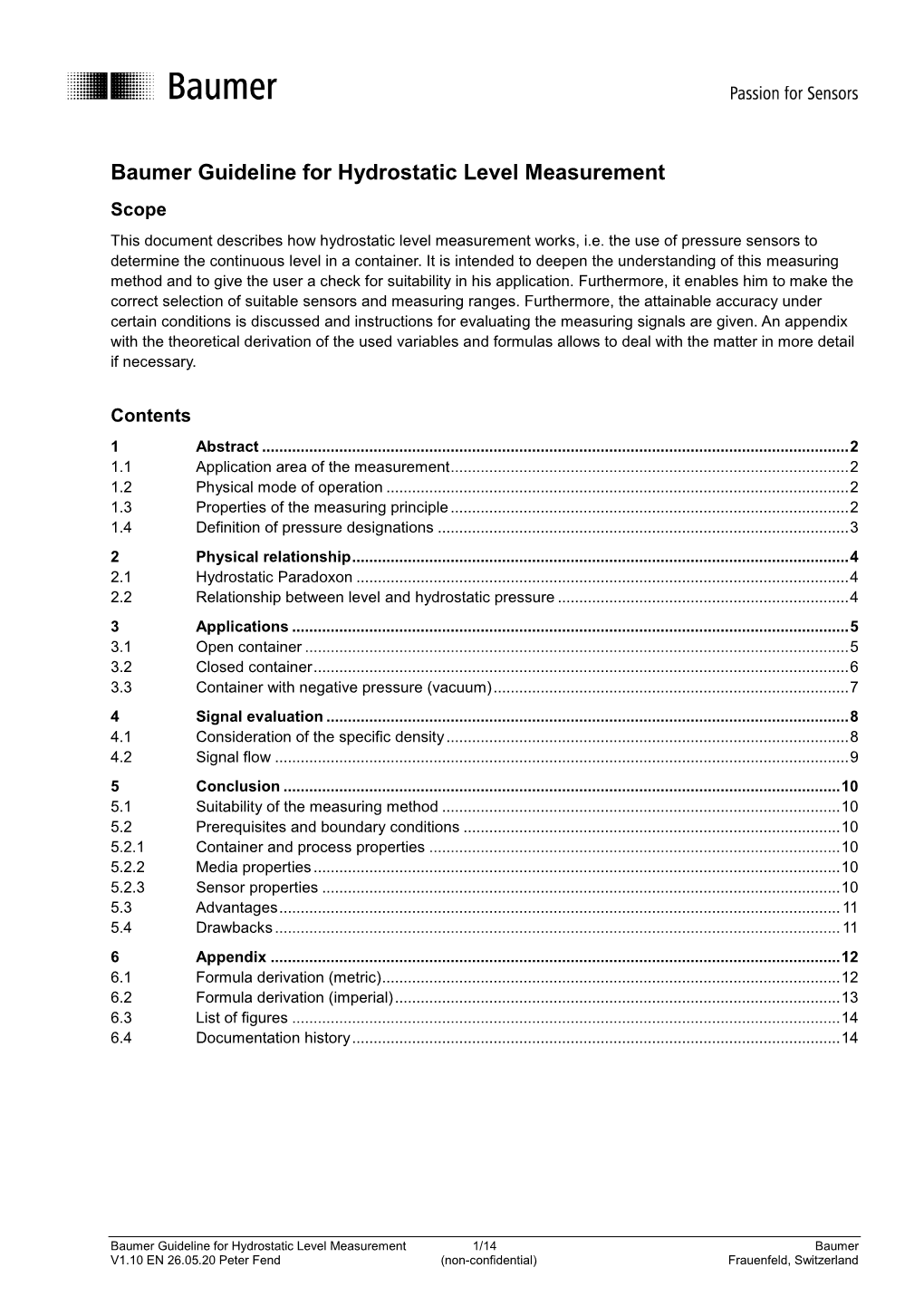 Baumer Guideline for Hydrostatic Level Measurement Scope This Document Describes How Hydrostatic Level Measurement Works, I.E