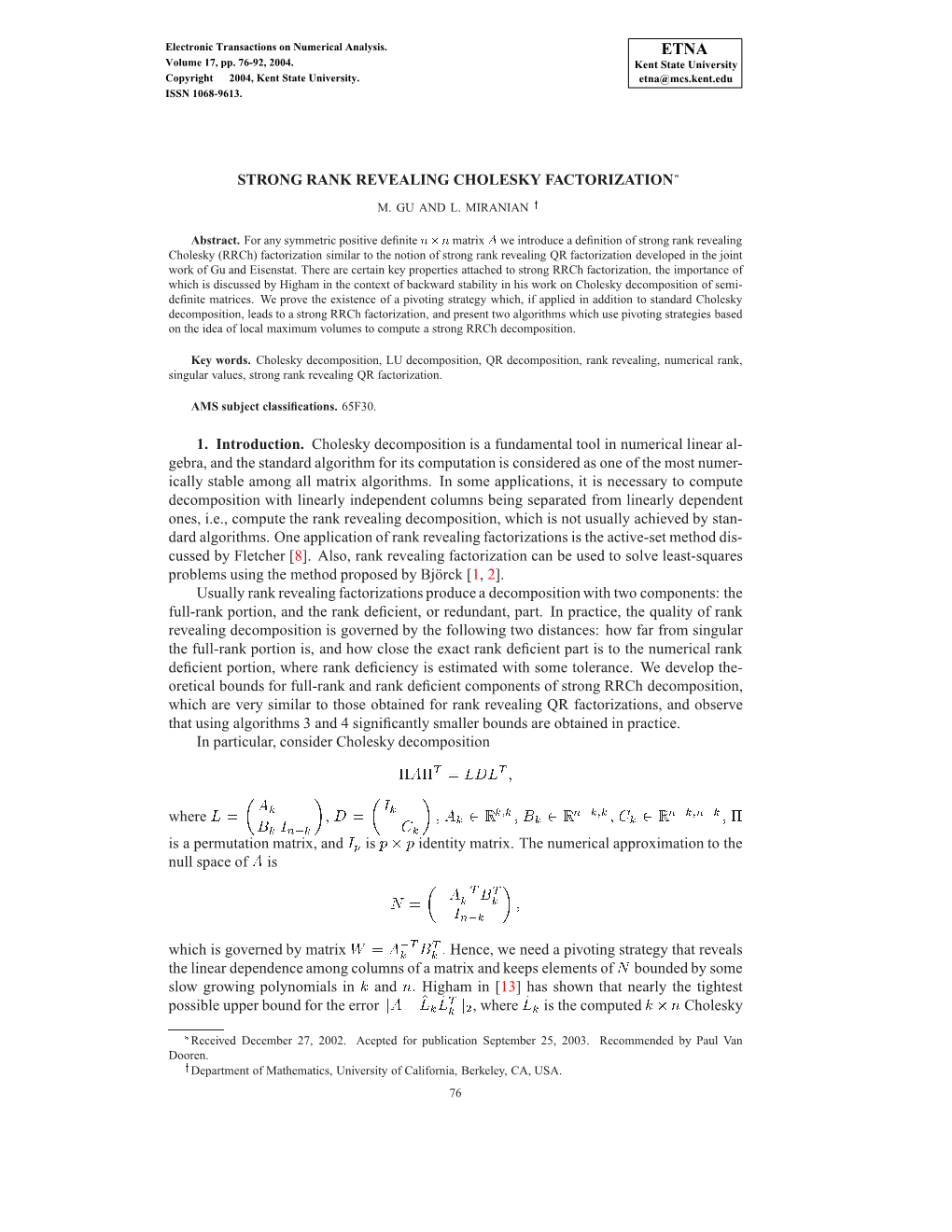 Strong Rank Revealing Cholesky Factorization£