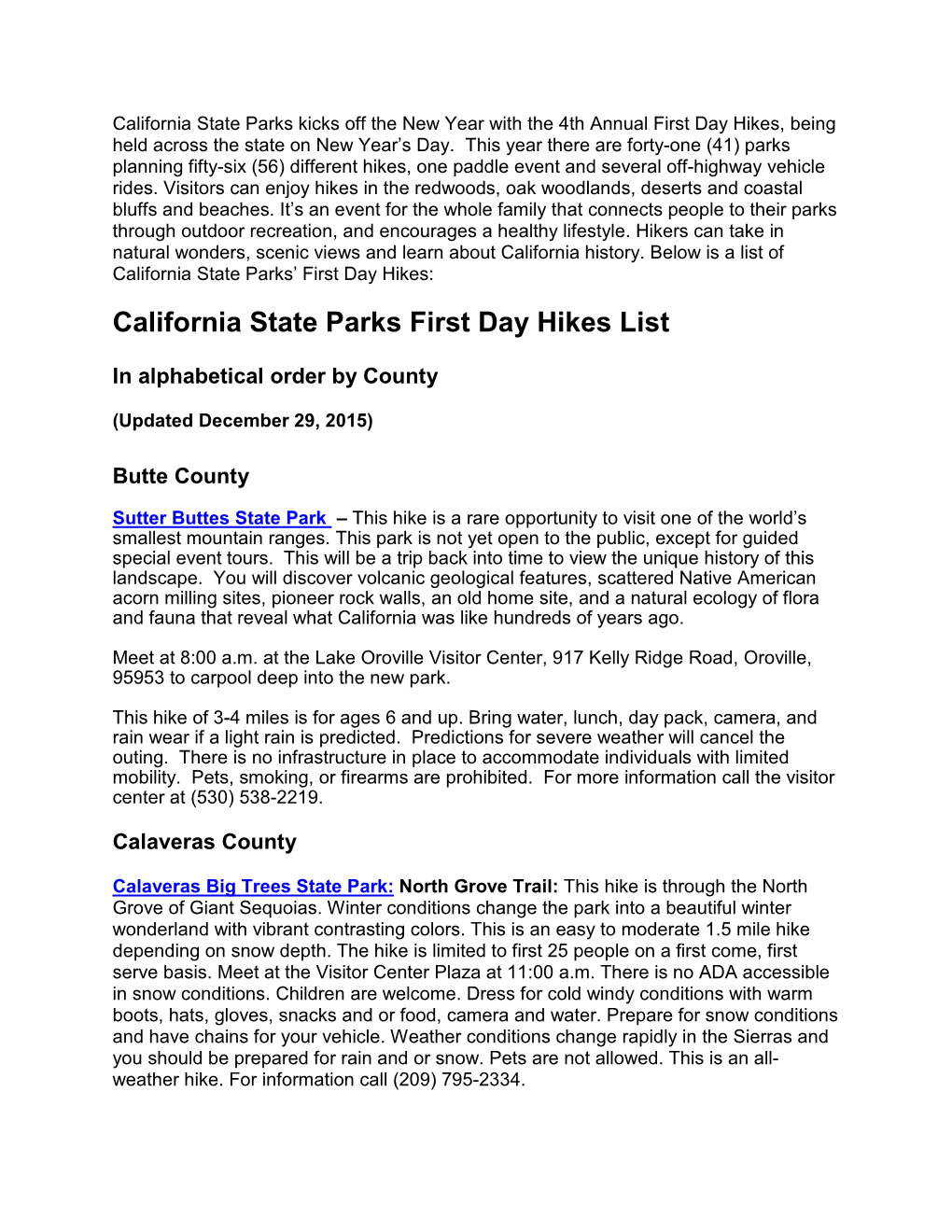 California State Parks First Day Hikes List