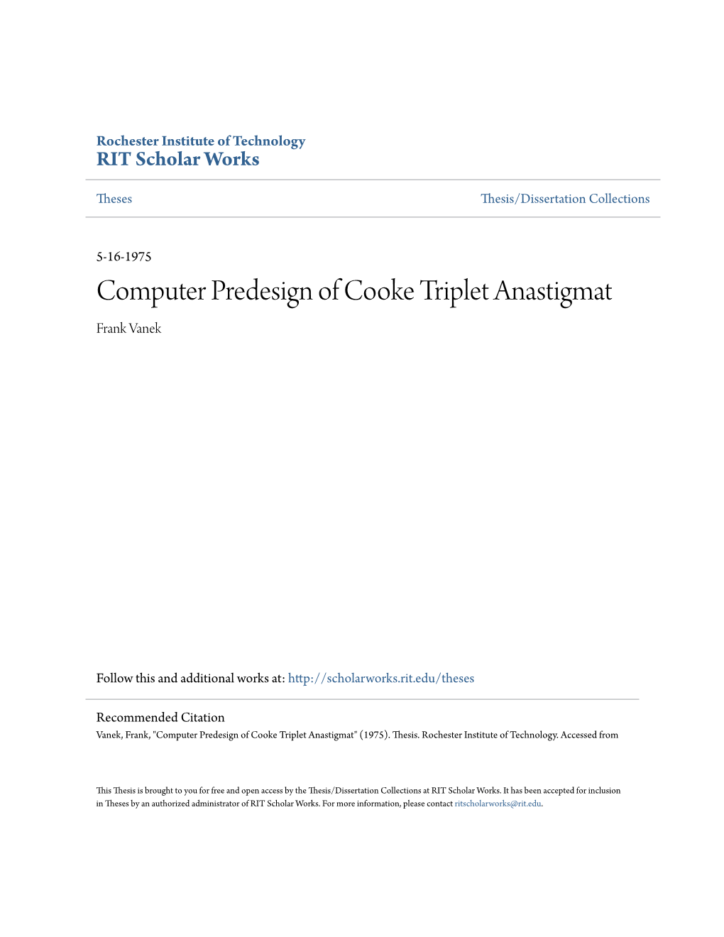 Computer Predesign of Cooke Triplet Anastigmat Frank Vanek