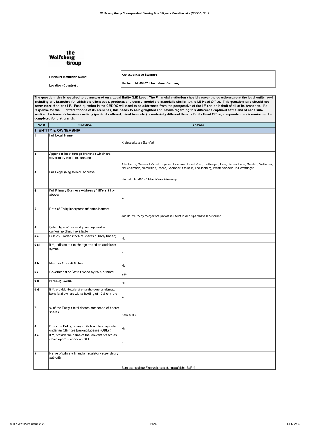Wolfsberg Questionnaire