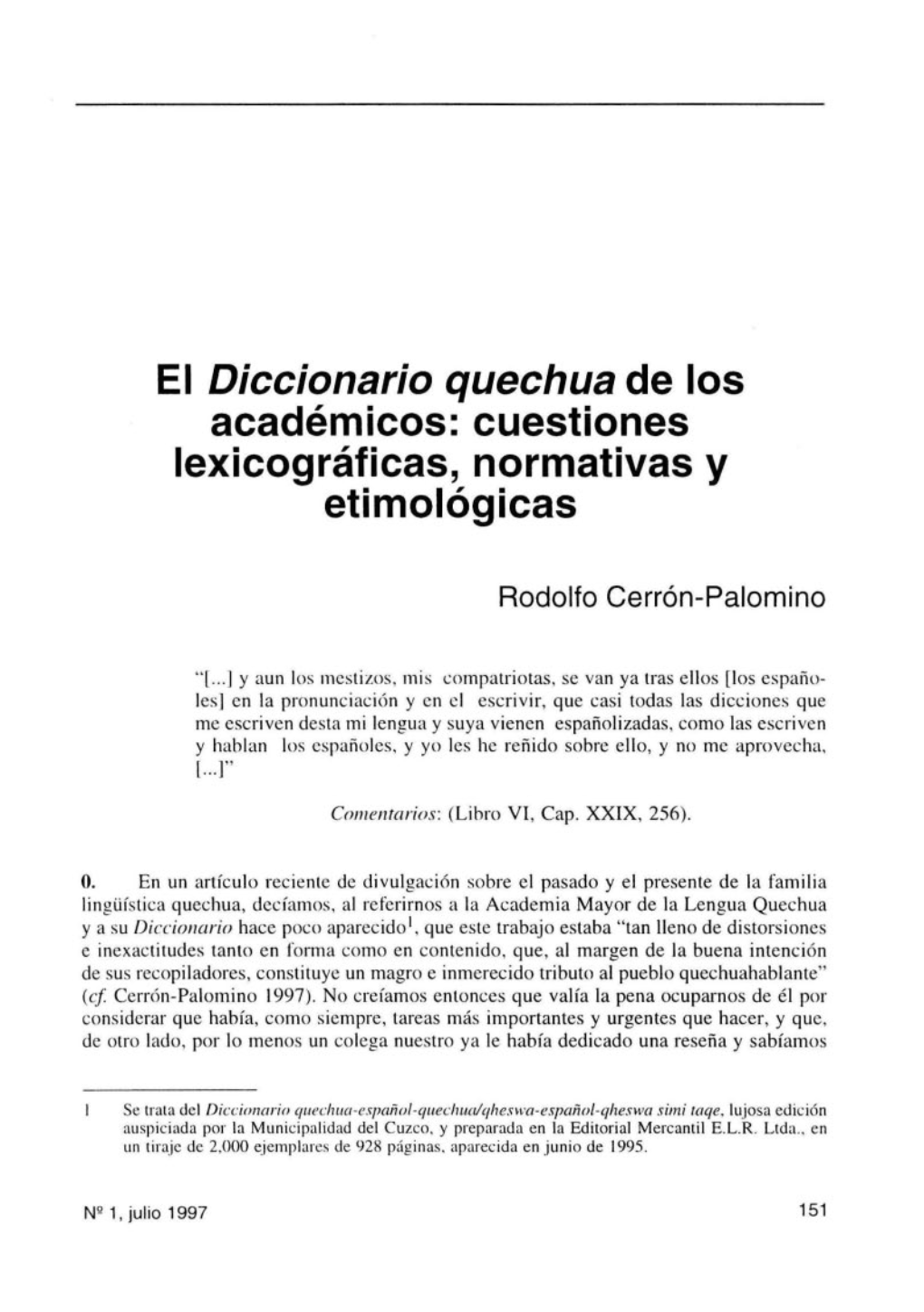 El Diccionario Quechua De Los Académicos: Cuestiones Lexicográficas, Normativas Y Etimológicas